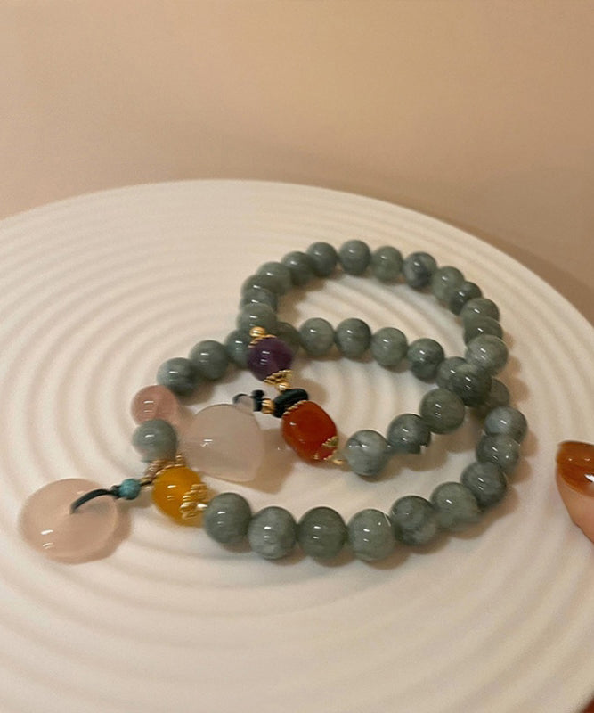 peopleterritory Handmade Green Jade Safety Buckle Beads Charm Bracelet Two Piece Set GH1045
