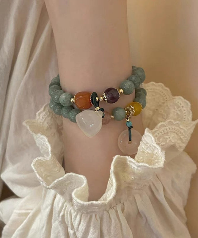 peopleterritory Handmade Green Jade Safety Buckle Beads Charm Bracelet Two Piece Set GH1045