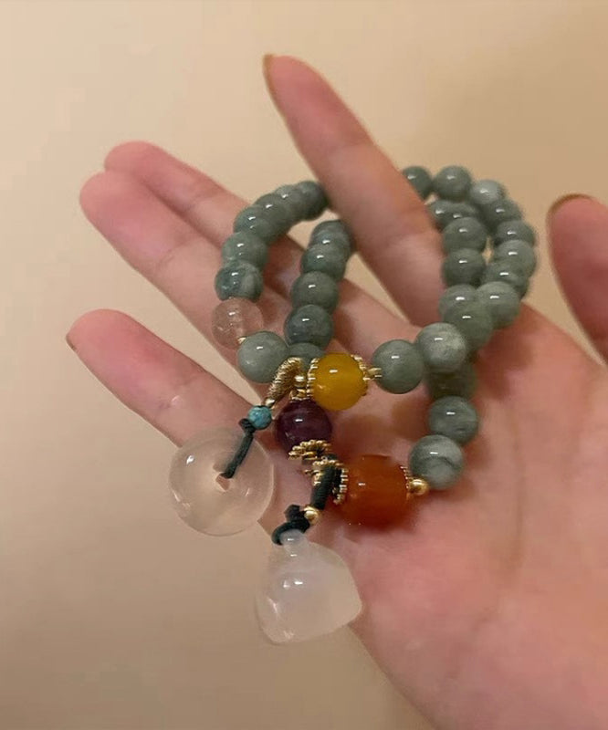peopleterritory Handmade Green Jade Safety Buckle Beads Charm Bracelet Two Piece Set GH1045