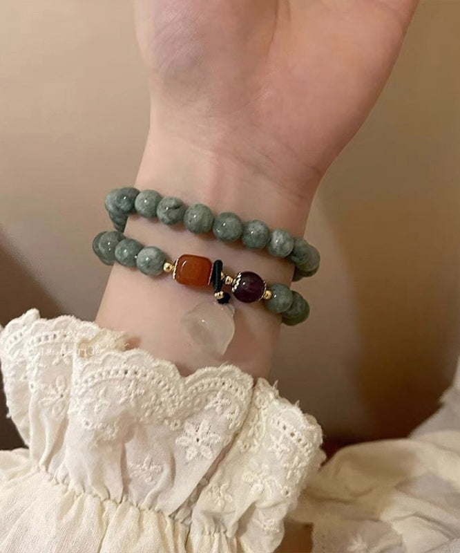 peopleterritory Handmade Green Jade Safety Buckle Beads Charm Bracelet Two Piece Set GH1045