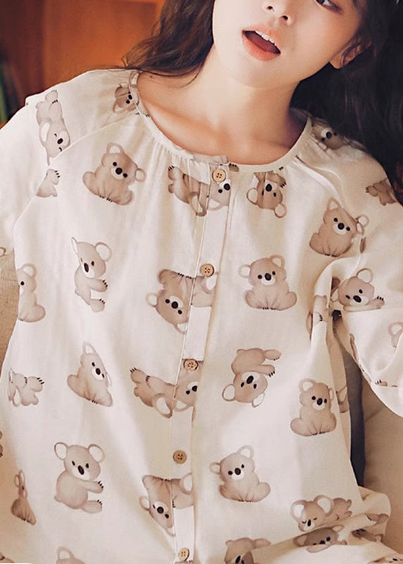 peopleterritory Loose Beige O-Neck Animal Print Button Cotton Two Piece Set Long Sleeve XS1010