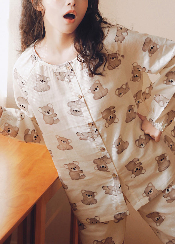 peopleterritory Loose Beige O-Neck Animal Print Button Cotton Two Piece Set Long Sleeve XS1010