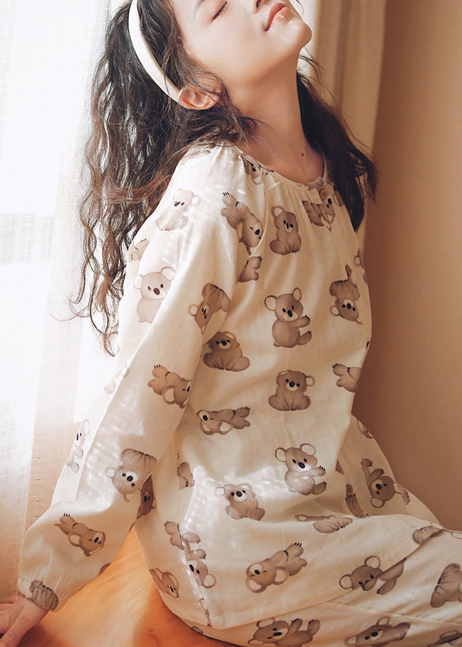 peopleterritory Loose Beige O-Neck Animal Print Button Cotton Two Piece Set Long Sleeve XS1010