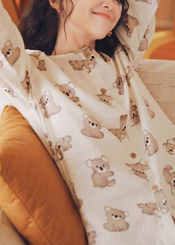 peopleterritory Loose Beige O-Neck Animal Print Button Cotton Two Piece Set Long Sleeve XS1010