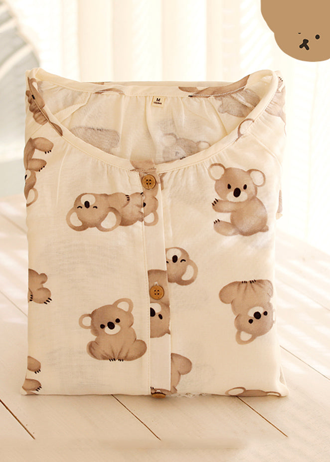 peopleterritory Loose Beige O-Neck Animal Print Button Cotton Two Piece Set Long Sleeve XS1010