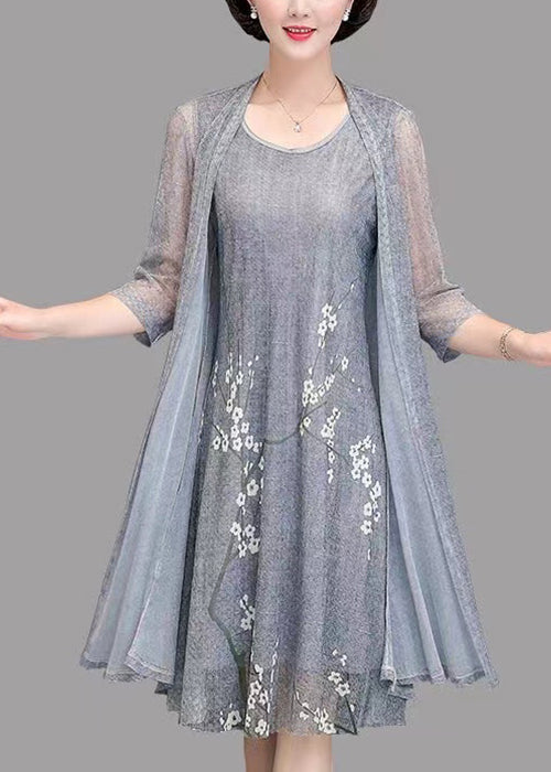peopleterritory New Grey O Neck Print Tulle Two Piece Set Spring OP1081