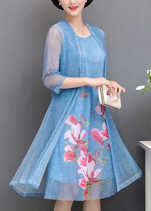 peopleterritory New Grey O Neck Print Tulle Two Piece Set Spring OP1081