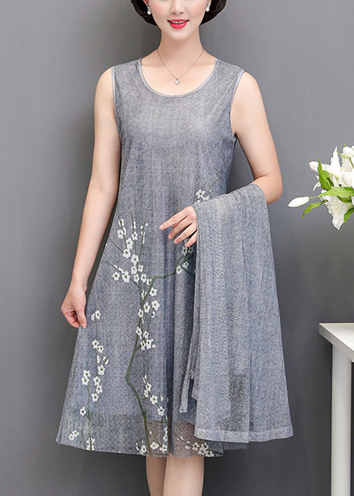 peopleterritory New Grey O Neck Print Tulle Two Piece Set Spring OP1081