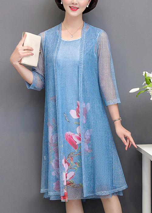 peopleterritory New Grey O Neck Print Tulle Two Piece Set Spring OP1081