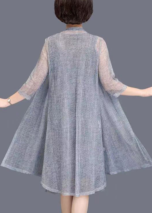 peopleterritory New Grey O Neck Print Tulle Two Piece Set Spring OP1081