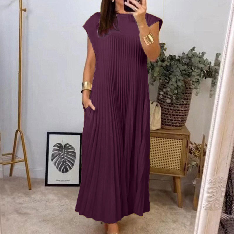 STOREXQ New new autumn -border 2025 women's clothing elegant and fashionable round neck sleeveless pleated long dress