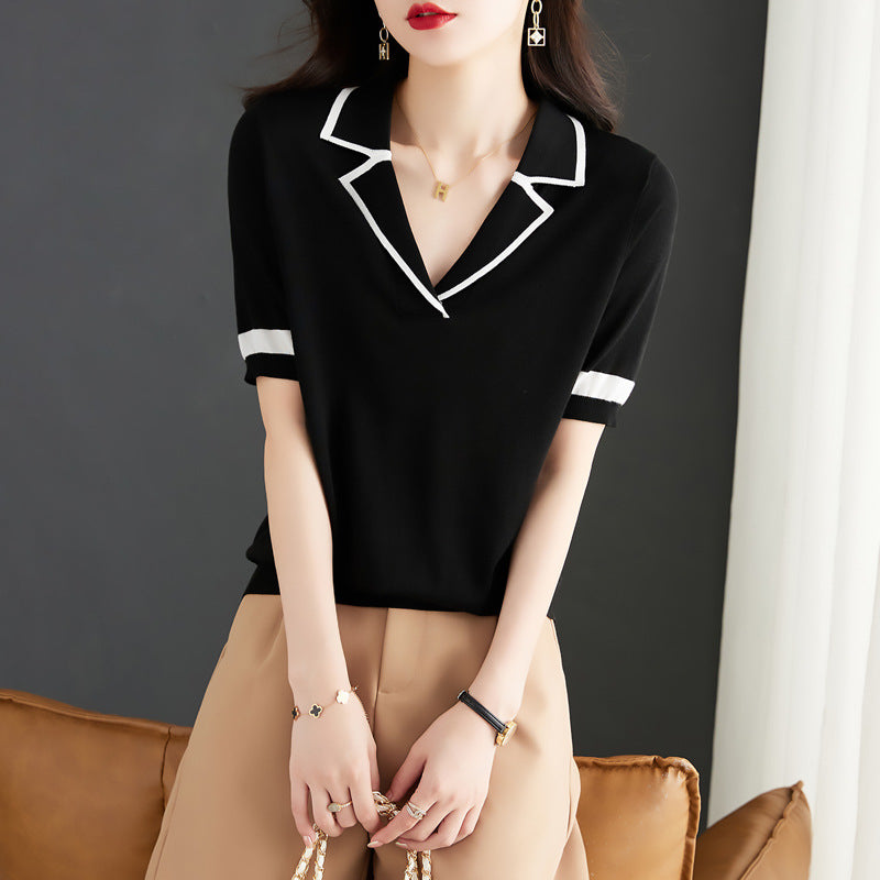 STOREXQ Women's Short-Sleeved T-shirt Summer New High-Grade Polo Shirt Thin Ice Silk T-shirt Women's Knitted Coat