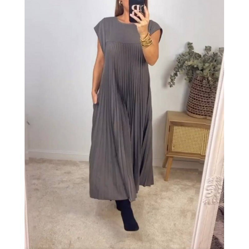 STOREXQ New new autumn -border 2025 women's clothing elegant and fashionable round neck sleeveless pleated long dress