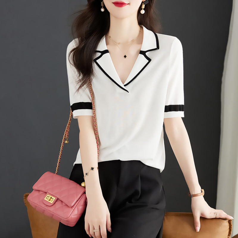 STOREXQ Women's Short-Sleeved T-shirt Summer New High-Grade Polo Shirt Thin Ice Silk T-shirt Women's Knitted Coat