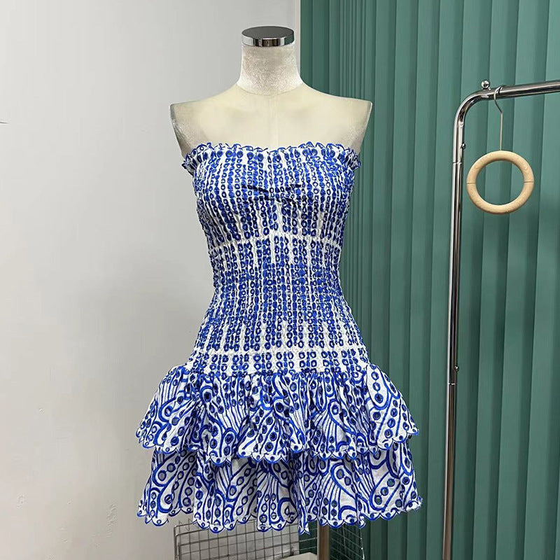 STOREXQ Australian Fashion Brand Short Skirt Style Fashionable Fresh Elegant Slim Elastic Tube Top Embroidery Hollow Dress