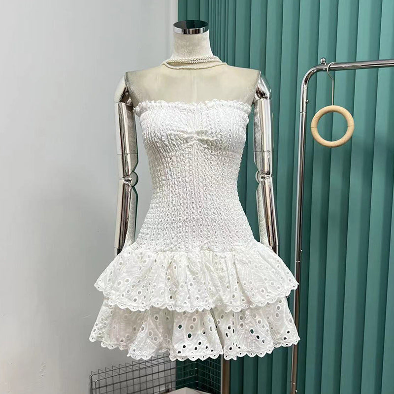 STOREXQ Australian Fashion Brand Short Skirt Style Fashionable Fresh Elegant Slim Elastic Tube Top Embroidery Hollow Dress