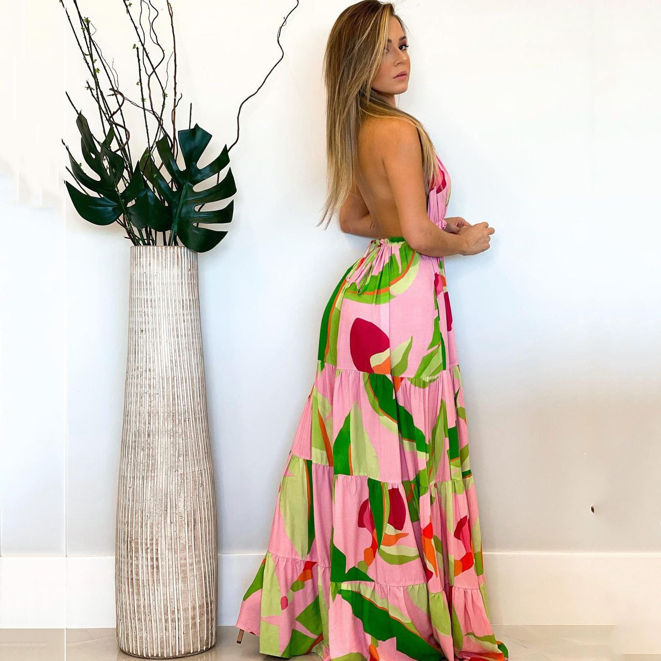 storexq Tie Dye Striped Whimsical Lace-Up High Split Pant Suit