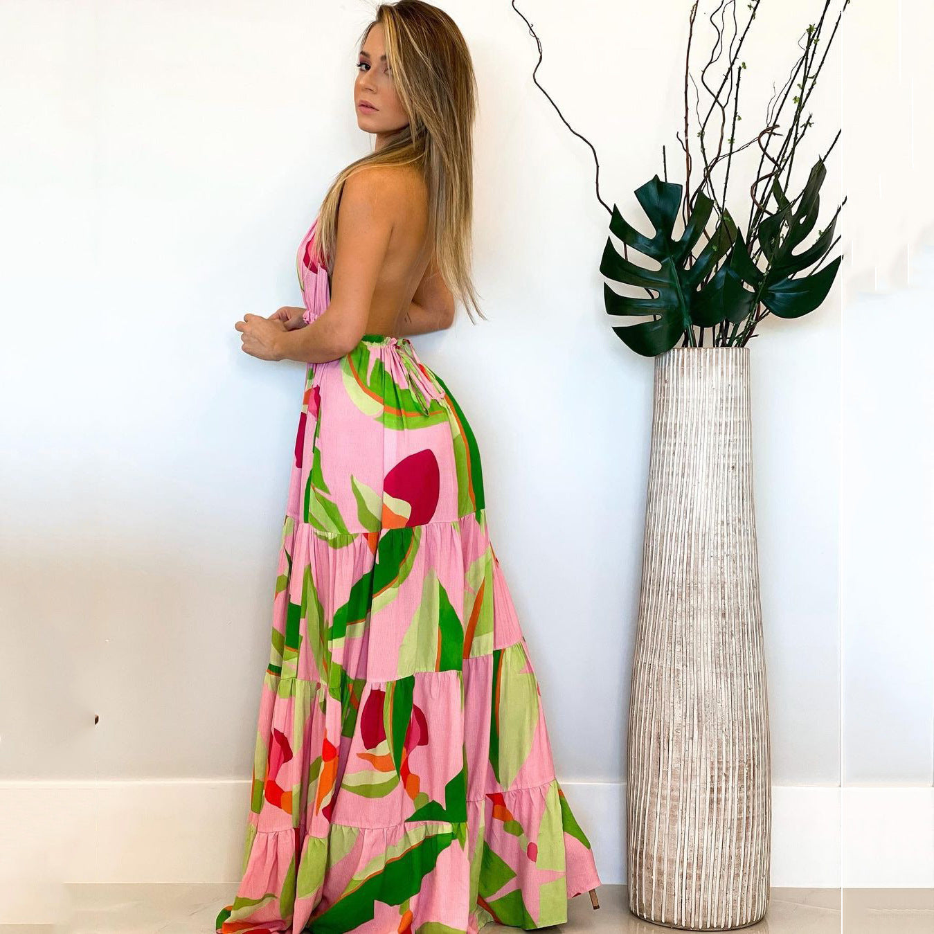 storexq Tie Dye Striped Whimsical Lace-Up High Split Pant Suit