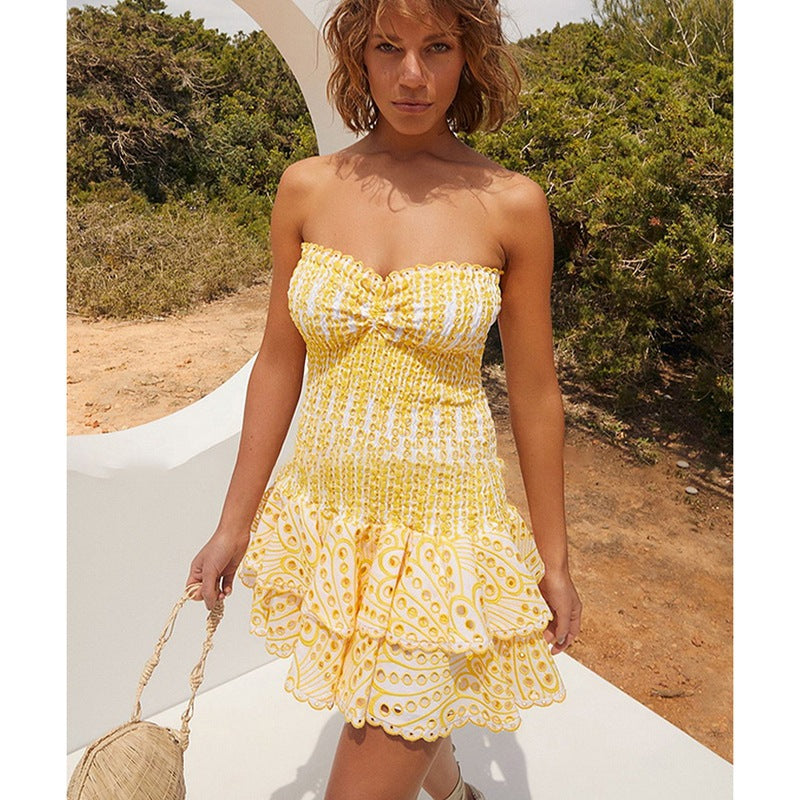 STOREXQ Australian Fashion Brand Short Skirt Style Fashionable Fresh Elegant Slim Elastic Tube Top Embroidery Hollow Dress