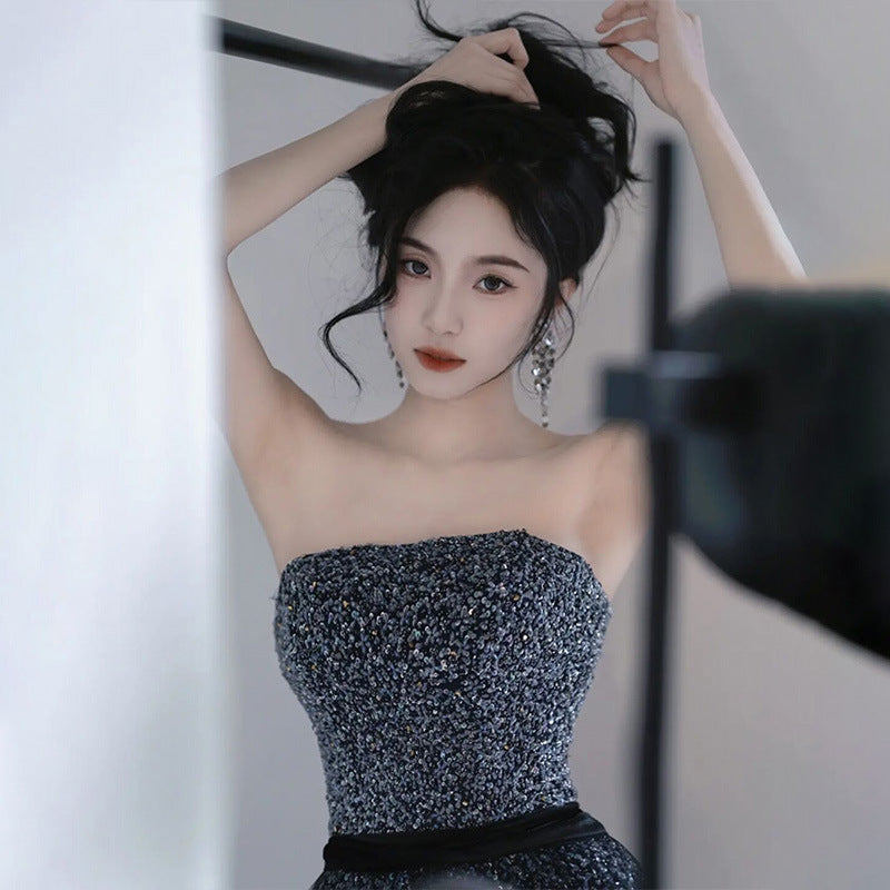 sequined dress style light luxury niche performance tube top skirt host blue evening dress 2025 new female banquet