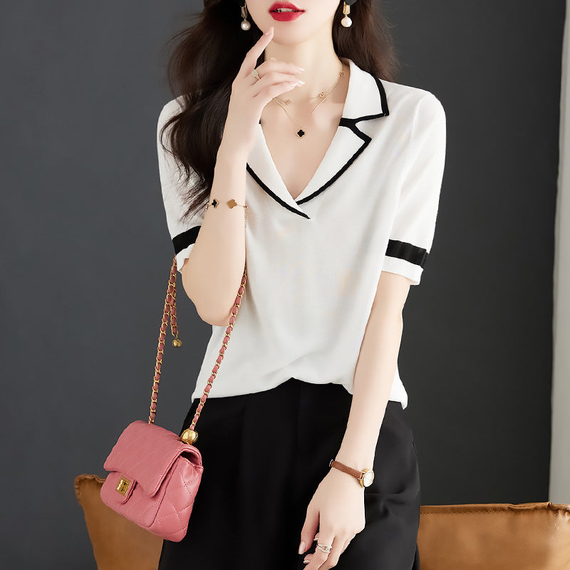STOREXQ Women's Short-Sleeved T-shirt Summer New High-Grade Polo Shirt Thin Ice Silk T-shirt Women's Knitted Coat