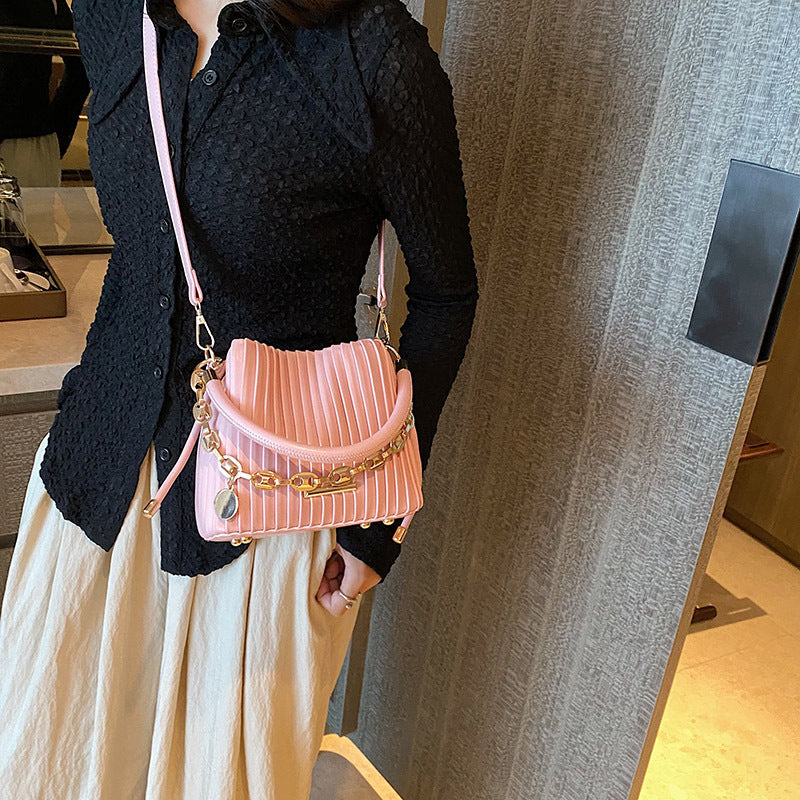 STOREXQ Style High Sense Bag for Women New Fashion Pleated Portable Bucket Bag Special-Interest Design Shoulder Messenger Bag