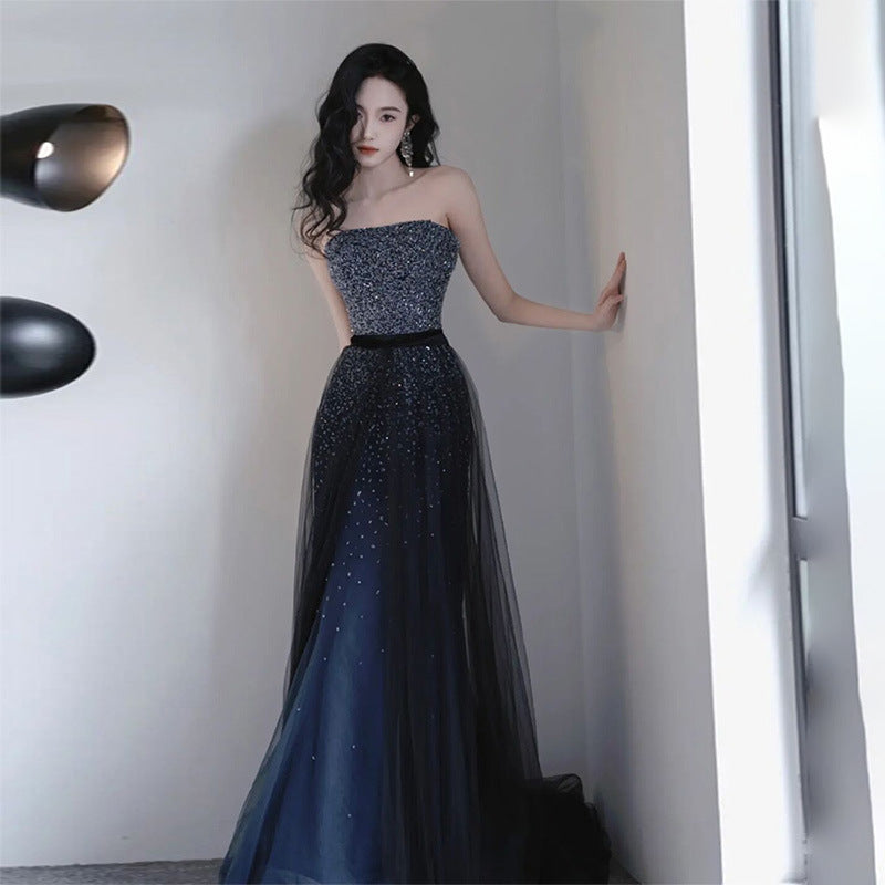 sequined dress style light luxury niche performance tube top skirt host blue evening dress 2025 new female banquet