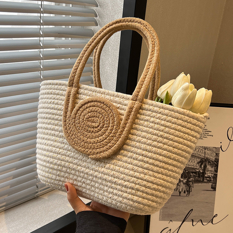 STOREXQ New Woven Bag Simple Back Shape Straw Handbag Crossbody Vacation Cotton String Commuting Women's Tote Bag