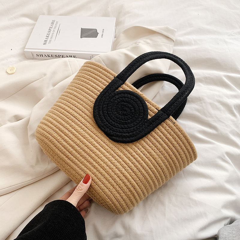 STOREXQ New Woven Bag Simple Back Shape Straw Handbag Crossbody Vacation Cotton String Commuting Women's Tote Bag