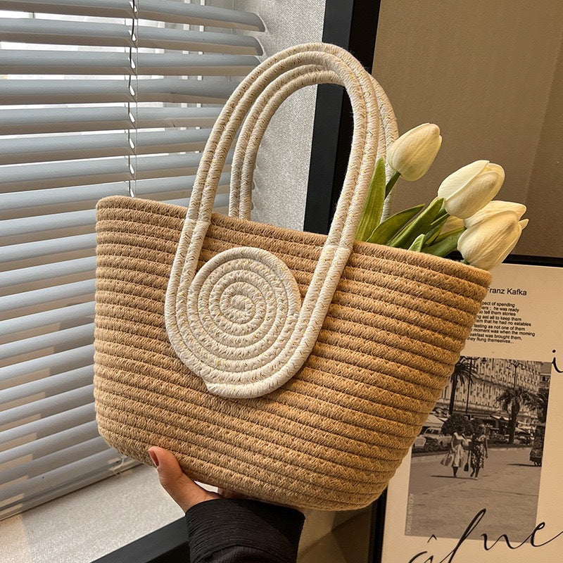 STOREXQ New Woven Bag Simple Back Shape Straw Handbag Crossbody Vacation Cotton String Commuting Women's Tote Bag