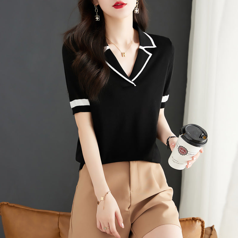 STOREXQ Women's Short-Sleeved T-shirt Summer New High-Grade Polo Shirt Thin Ice Silk T-shirt Women's Knitted Coat