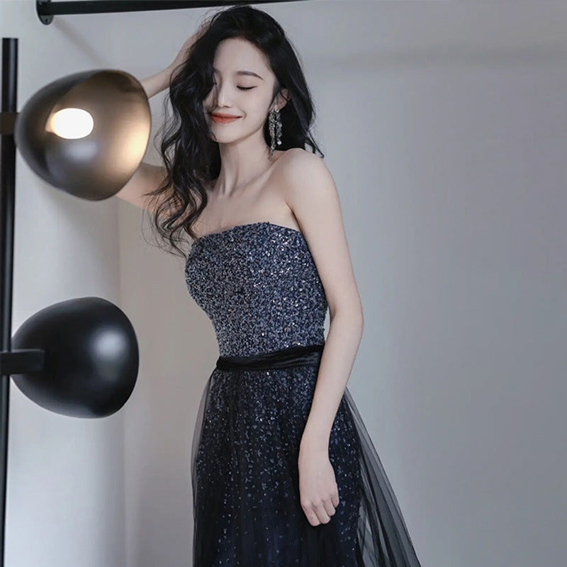 sequined dress style light luxury niche performance tube top skirt host blue evening dress 2025 new female banquet