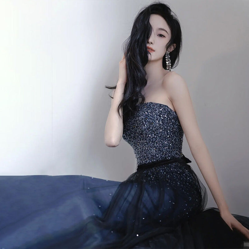sequined dress style light luxury niche performance tube top skirt host blue evening dress 2025 new female banquet