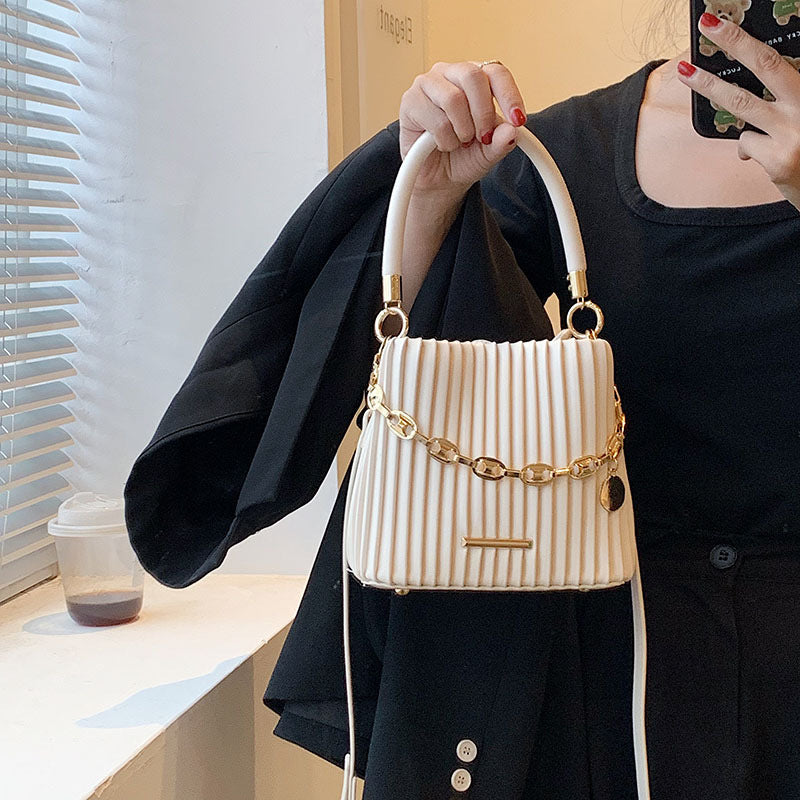 STOREXQ Style High Sense Bag for Women New Fashion Pleated Portable Bucket Bag Special-Interest Design Shoulder Messenger Bag