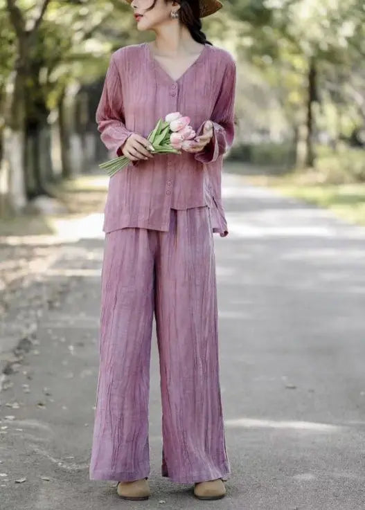 peopleterritory Pink Linen Two Piece Set Asymmetrical Wrinkled Spring HA1027