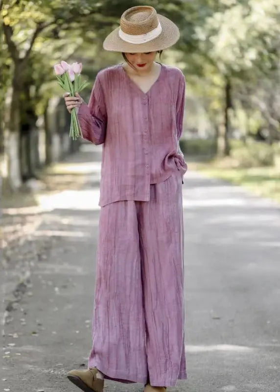 peopleterritory Pink Linen Two Piece Set Asymmetrical Wrinkled Spring HA1027