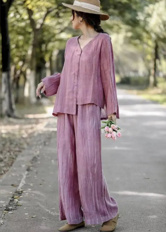 peopleterritory Pink Linen Two Piece Set Asymmetrical Wrinkled Spring HA1027