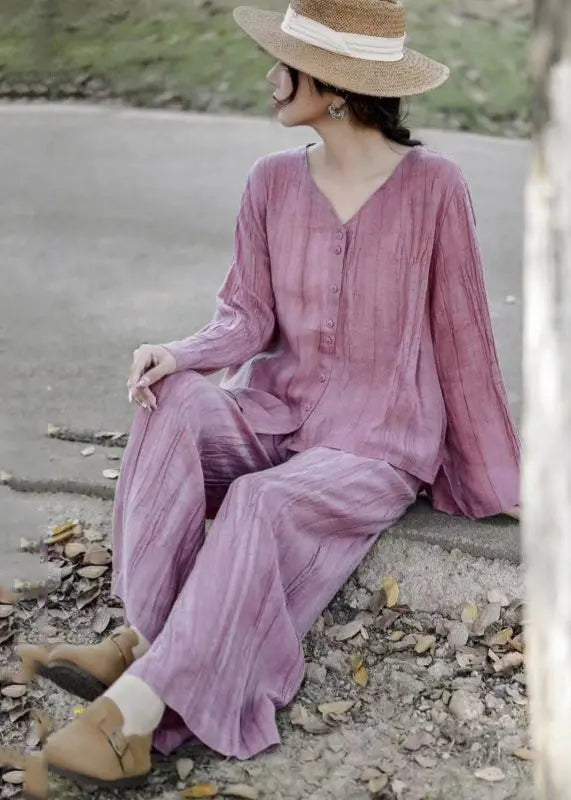 peopleterritory Pink Linen Two Piece Set Asymmetrical Wrinkled Spring HA1027