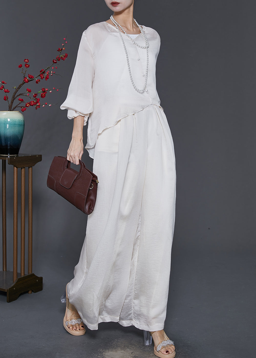 peopleterritory Stylish White Asymmetrical Draping Silk Two Piece Suit Set Spring SD1090