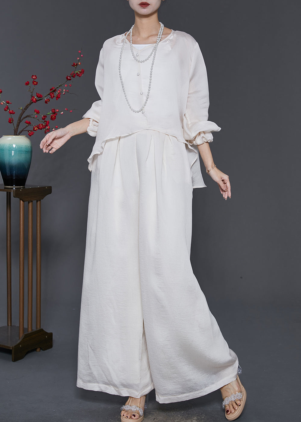 peopleterritory Stylish White Asymmetrical Draping Silk Two Piece Suit Set Spring SD1090