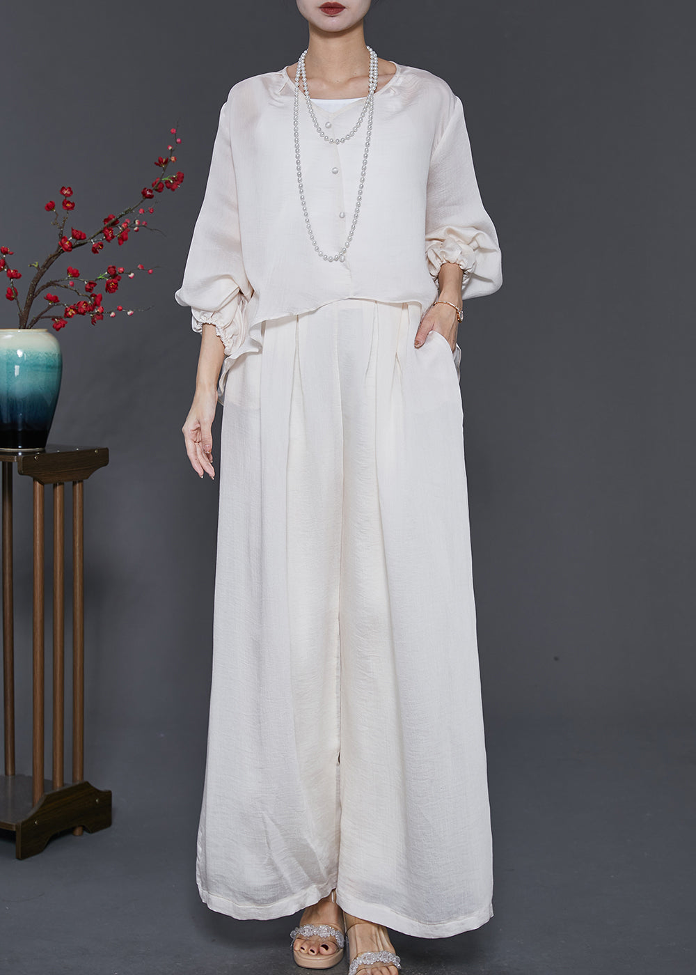 peopleterritory Stylish White Asymmetrical Draping Silk Two Piece Suit Set Spring SD1090