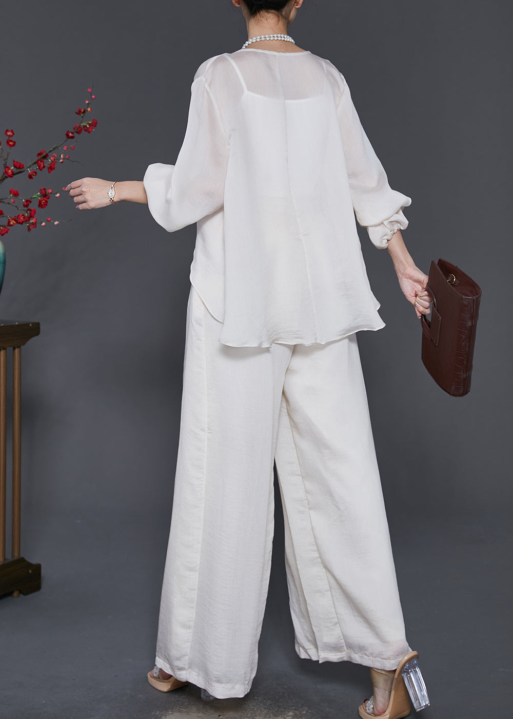 peopleterritory Stylish White Asymmetrical Draping Silk Two Piece Suit Set Spring SD1090