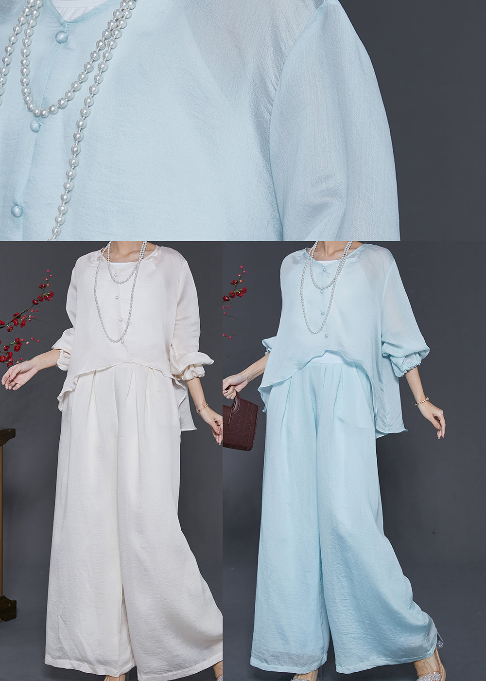 peopleterritory Stylish White Asymmetrical Draping Silk Two Piece Suit Set Spring SD1090