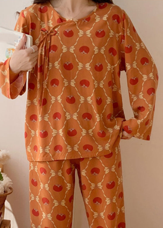 peopleterritory Women Orange O-Neck Bow Silk Velvet Two Piece Set Long Sleeve XS1004