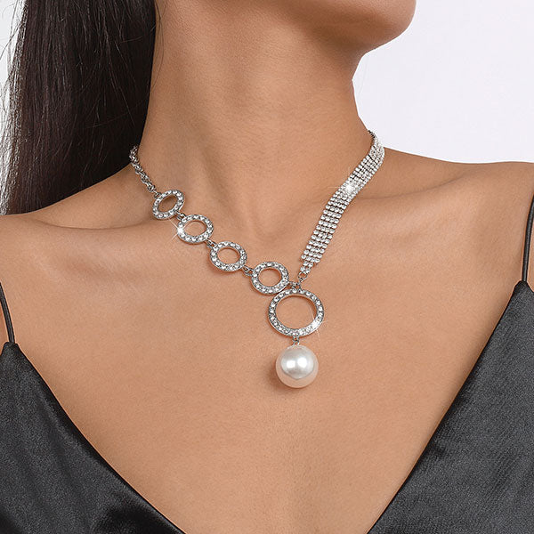 storexq Rhinestone O-ring Design Stunning Faux Pearl Pendant Necklace