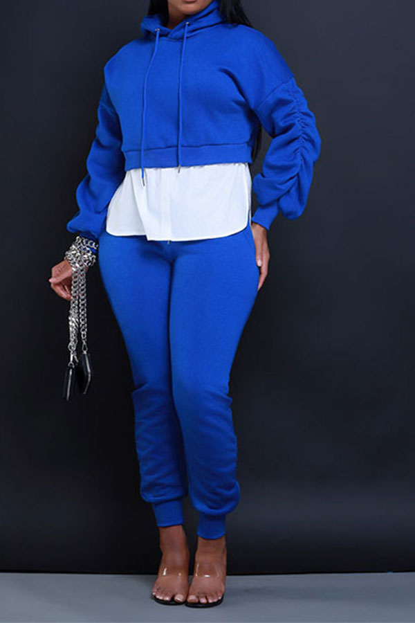 storexq Hit Color Patchwork Casual Hooded Pant Suit