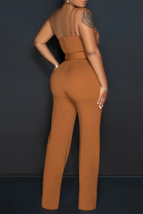 storexq Rivet Design One Shoulder Glamorous Belted Jumpsuit