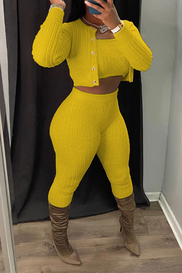 storexq Solid Color Simple Bodycon Knitted Pant Suit (Three Pieces)