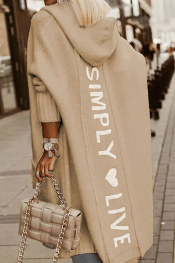 storexq Letter Print Casual Hooded Cardigan