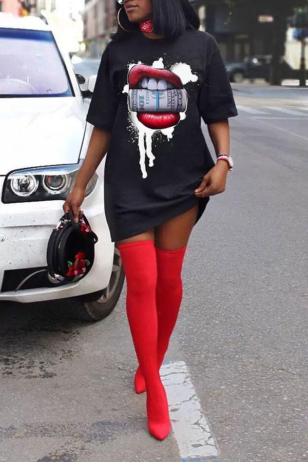 storexq Lips Print Casual Mini Dress